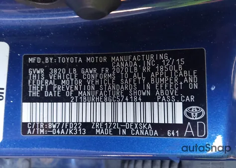 2016 Toyota Corolla S Plus from USA, damaged, VIN 2T1BURHE8GC574184